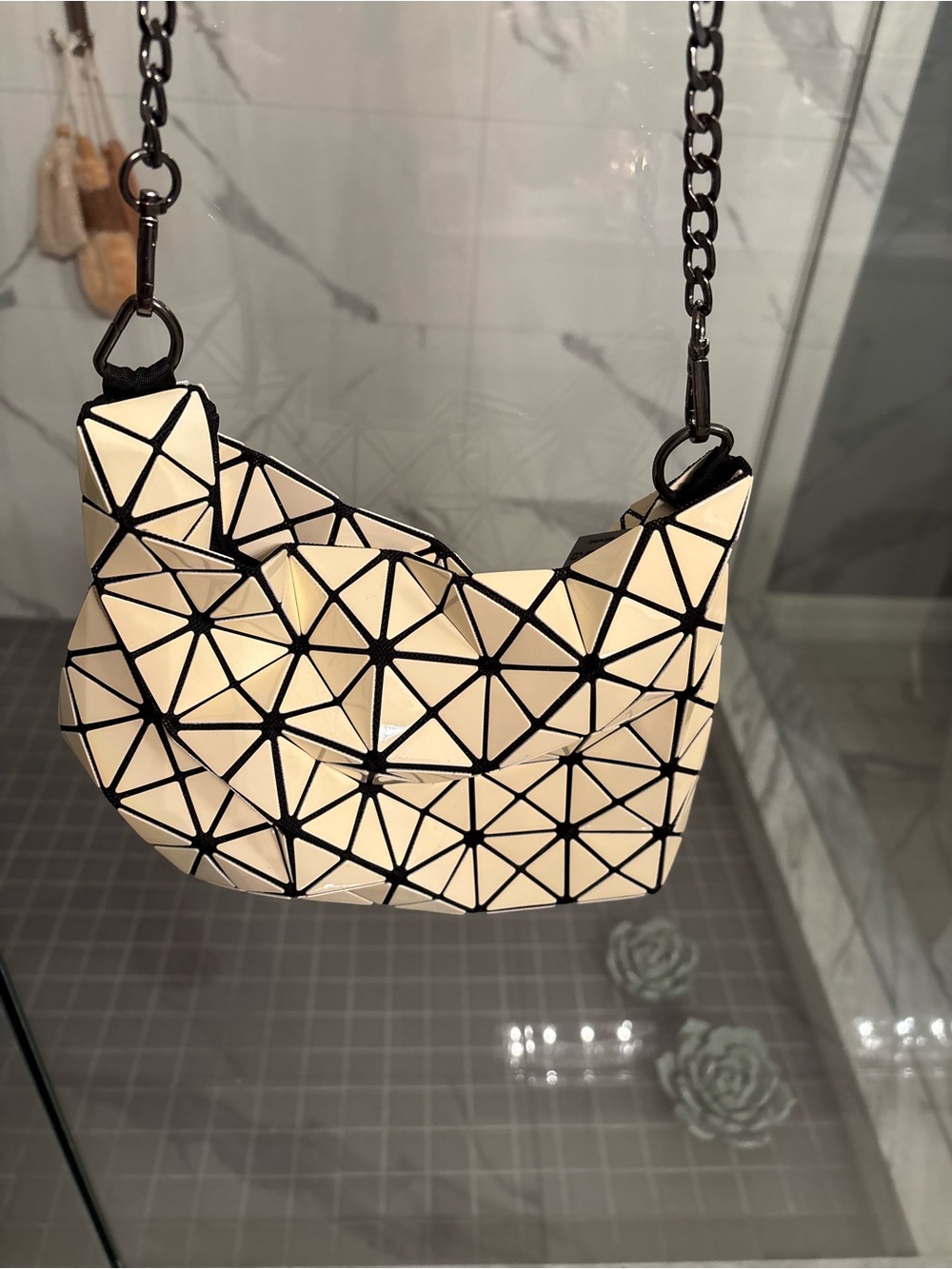 Issey Miyake Cream Geometric Triangular Crossbody Black Trim gun metal chain